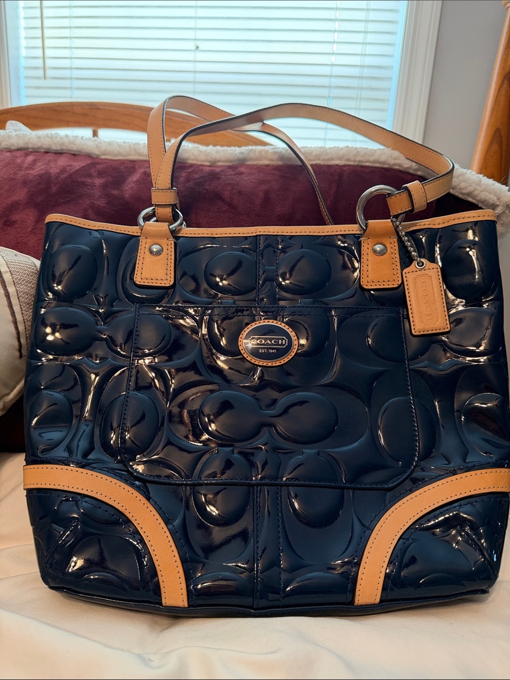Coach Navy Peyton Patent Leather Tote with Tan Trim  and shoulder straps. NWOT